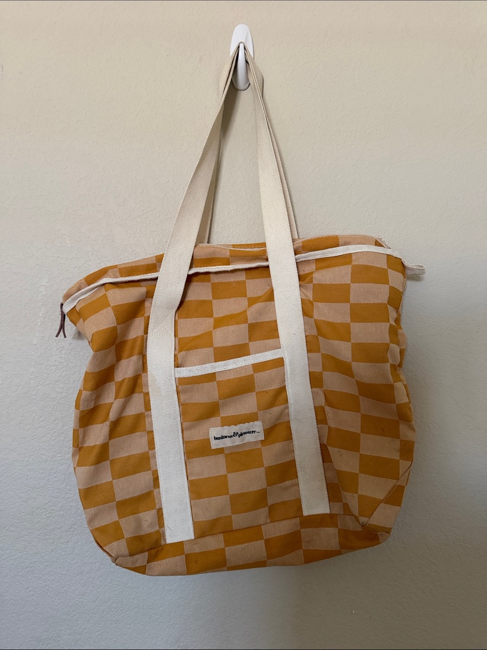 Mustard Checkered Canvas Tote with Cream Straps